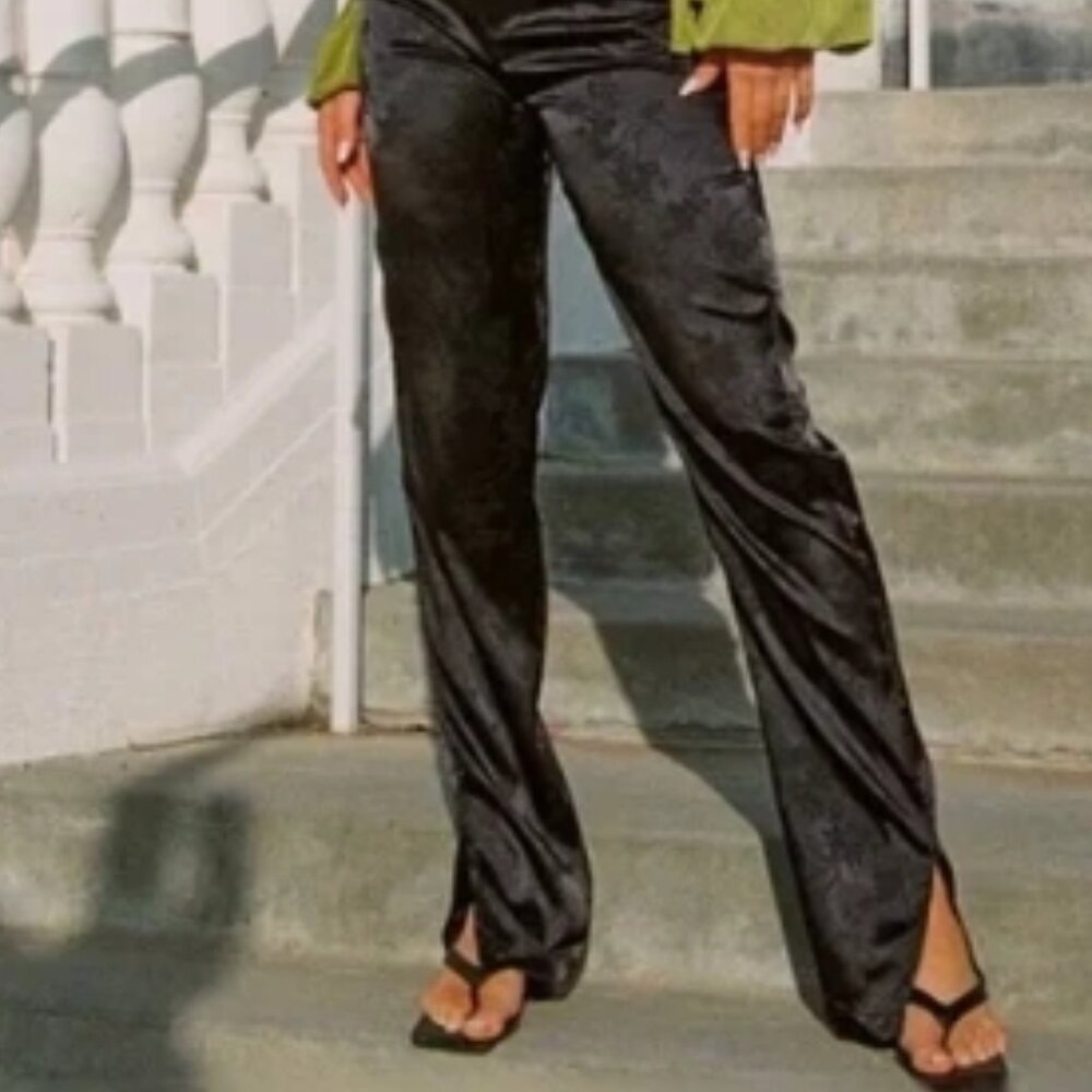 Lioness St Germain Black Silk Slit Hem Relaxed Fit High Waist Pant, Large,  EUC